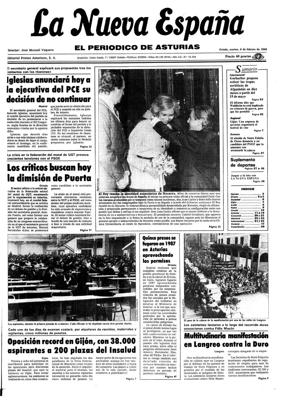 Portada del Martes, 9 de Febrero de 1988
