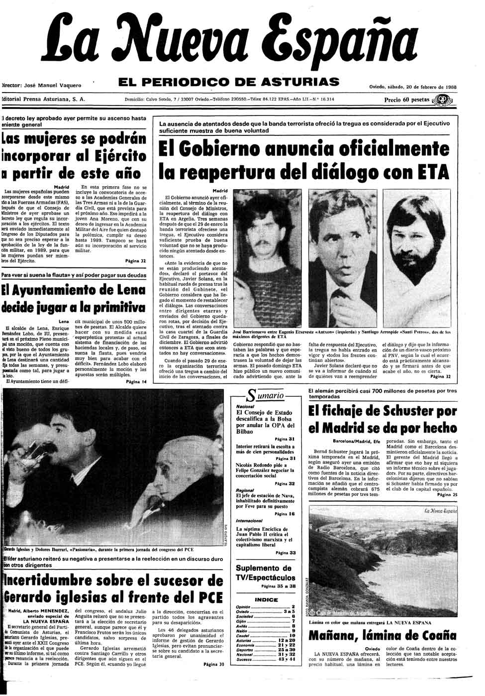 Portada del Sábado, 20 de Febrero de 1988