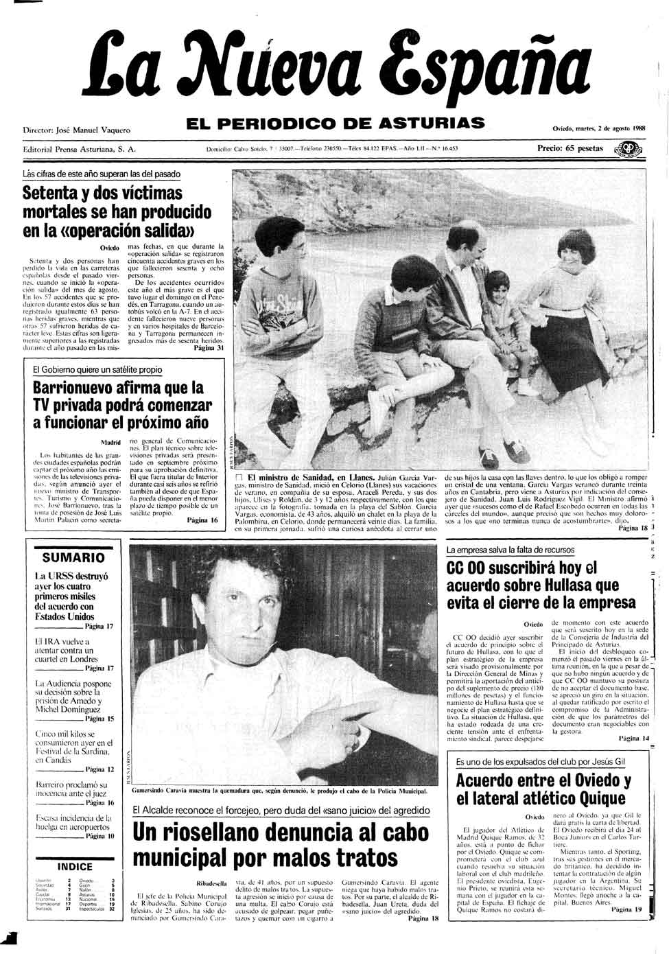 Portada del Martes, 2 de Agosto de 1988
