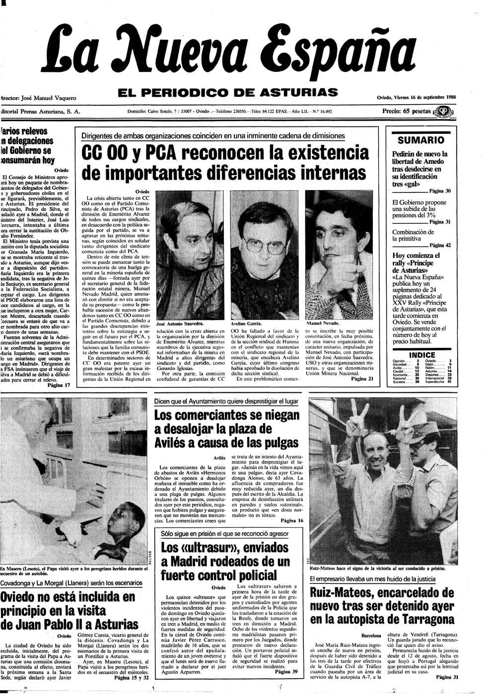 Portada del Viernes, 16 de Septiembre de 1988 - Portadas de La Nueva España  