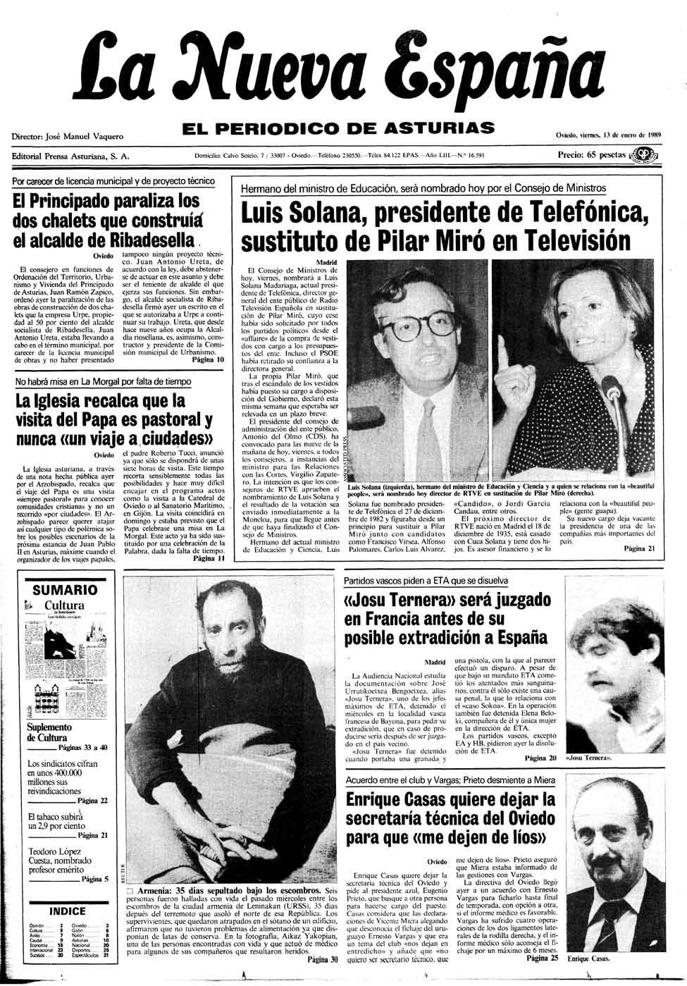 Portada del Viernes, 13 de Enero de 1989