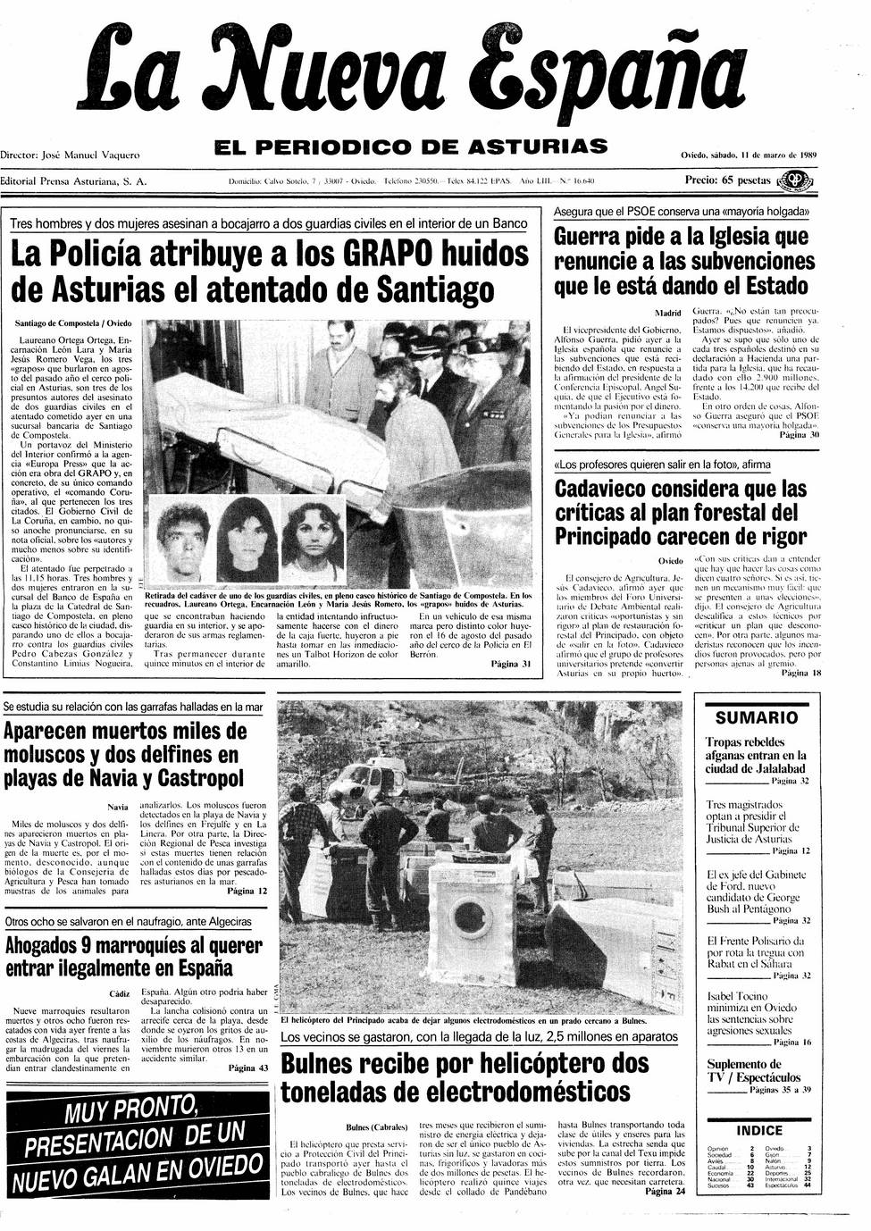 Portada del Sábado, 11 de Marzo de 1989