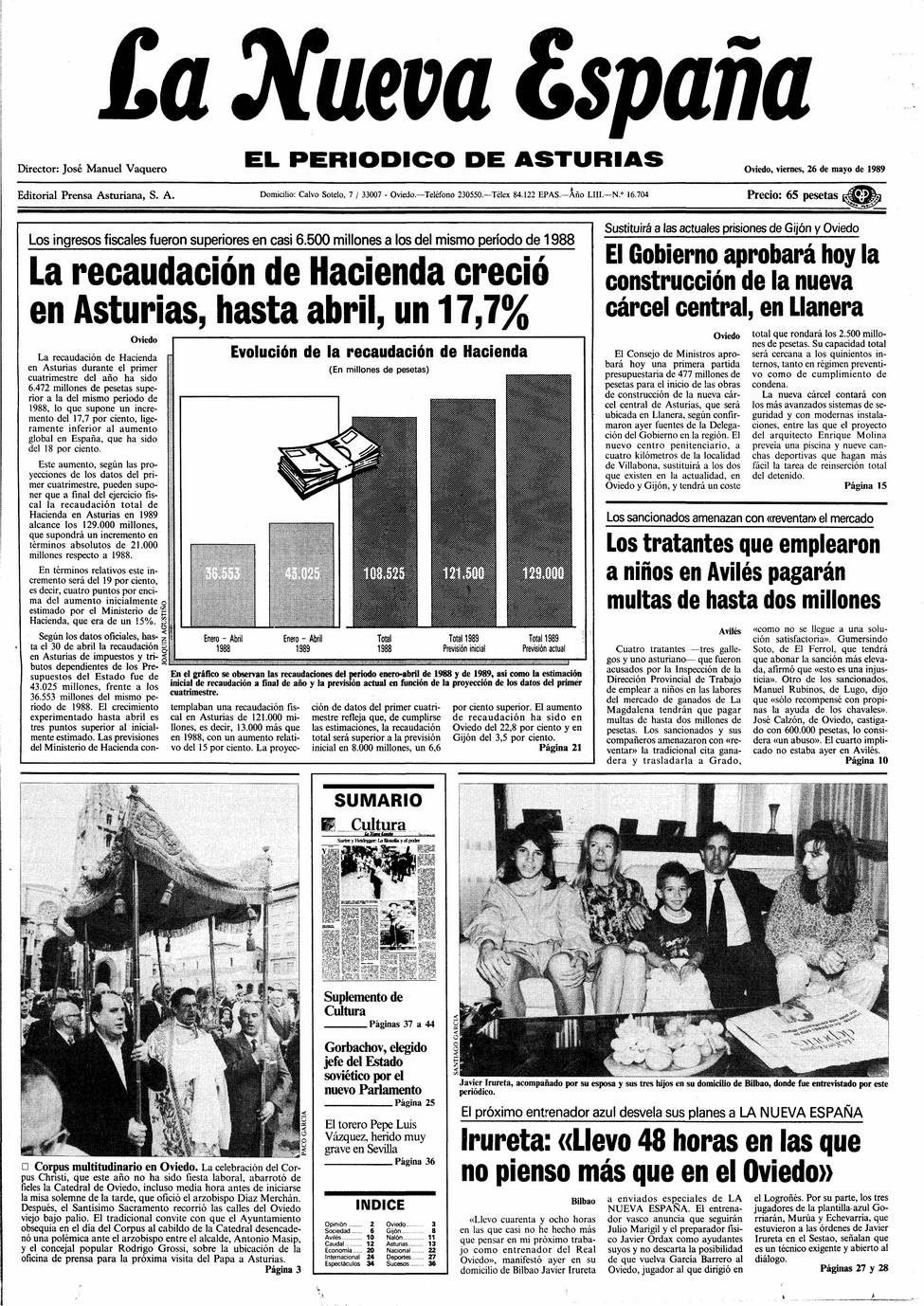 Portada del Viernes, 26 de Mayo de 1989