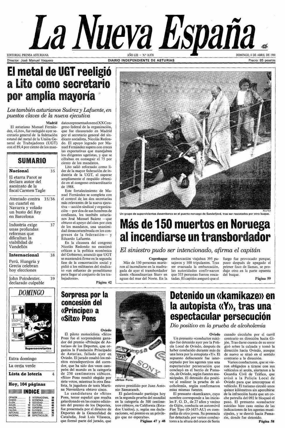 Portada del Domingo, 8 de Abril de 1990