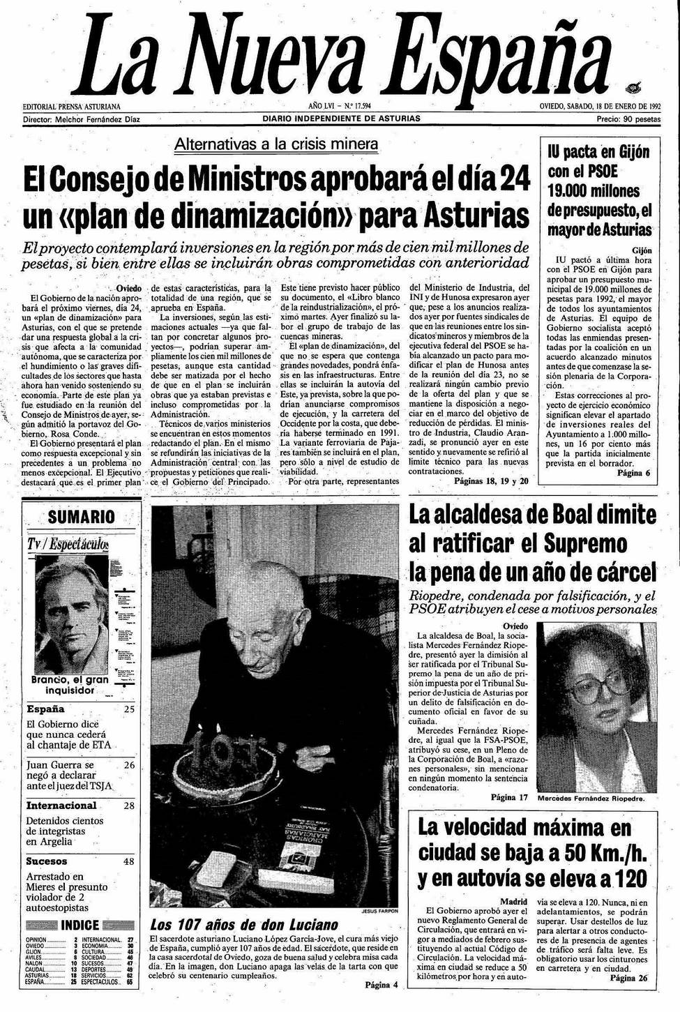 Portada del Sábado, 18 de Enero de 1992