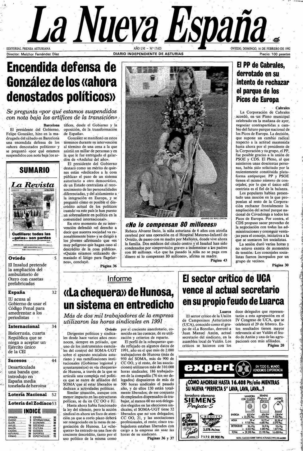 Portada del Domingo, 16 de Febrero de 1992