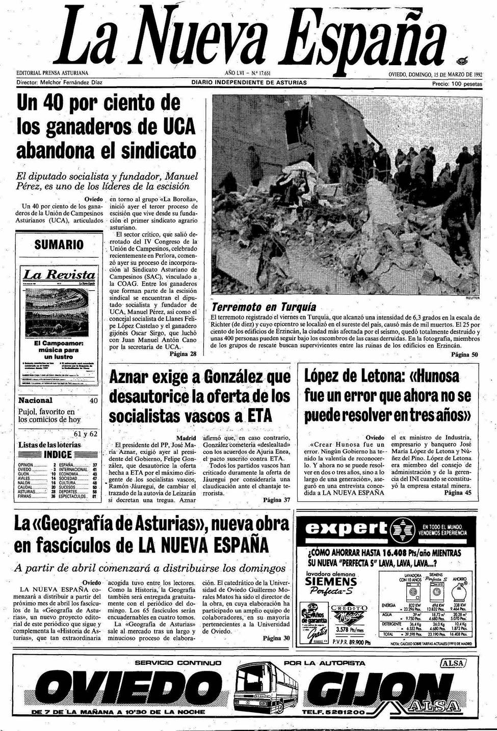 Portada del Domingo, 15 de Marzo de 1992