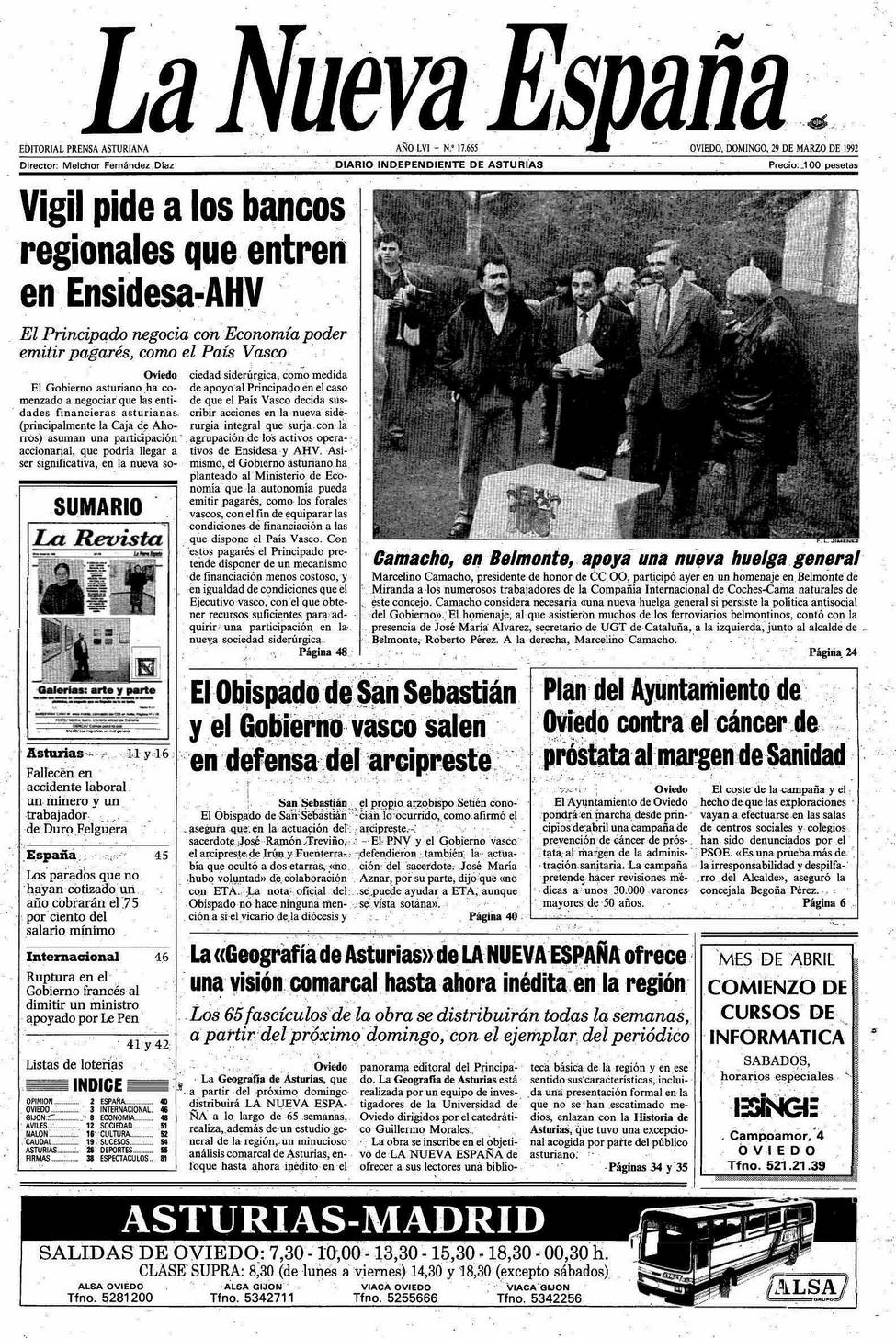 Portada del Domingo, 29 de Marzo de 1992