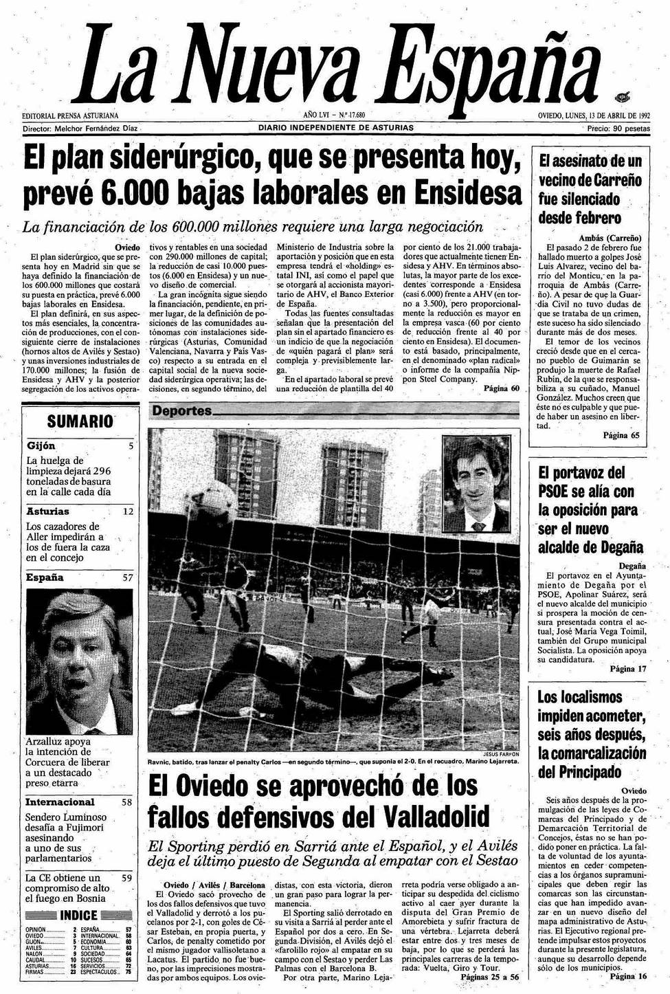 Portada del Lunes, 13 de Abril de 1992