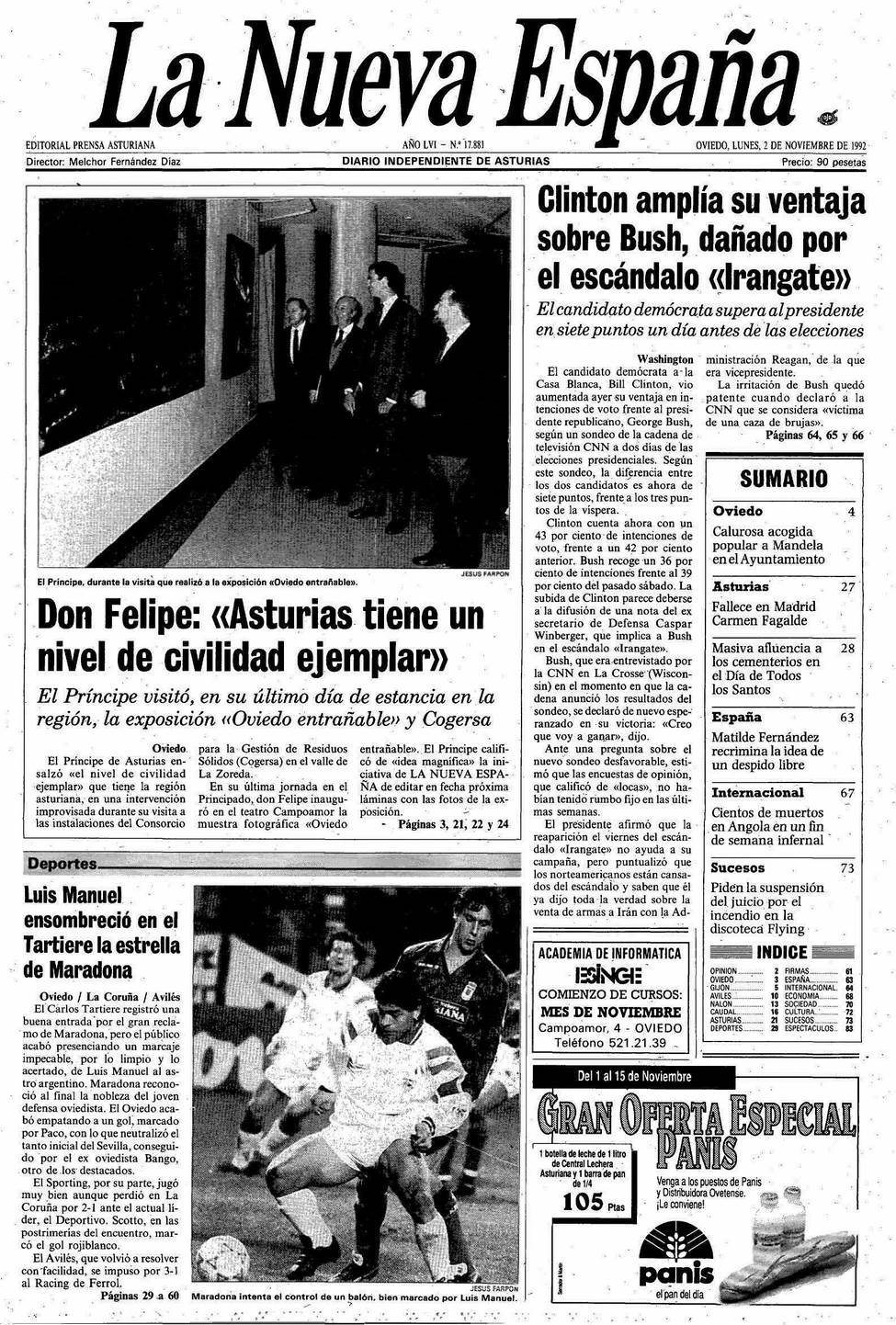 Portada del Lunes, 2 de Noviembre de 1992