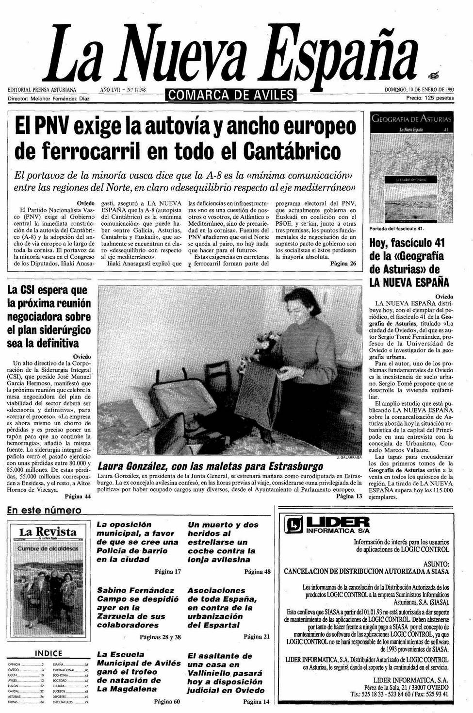 Portada del Domingo, 10 de Enero de 1993