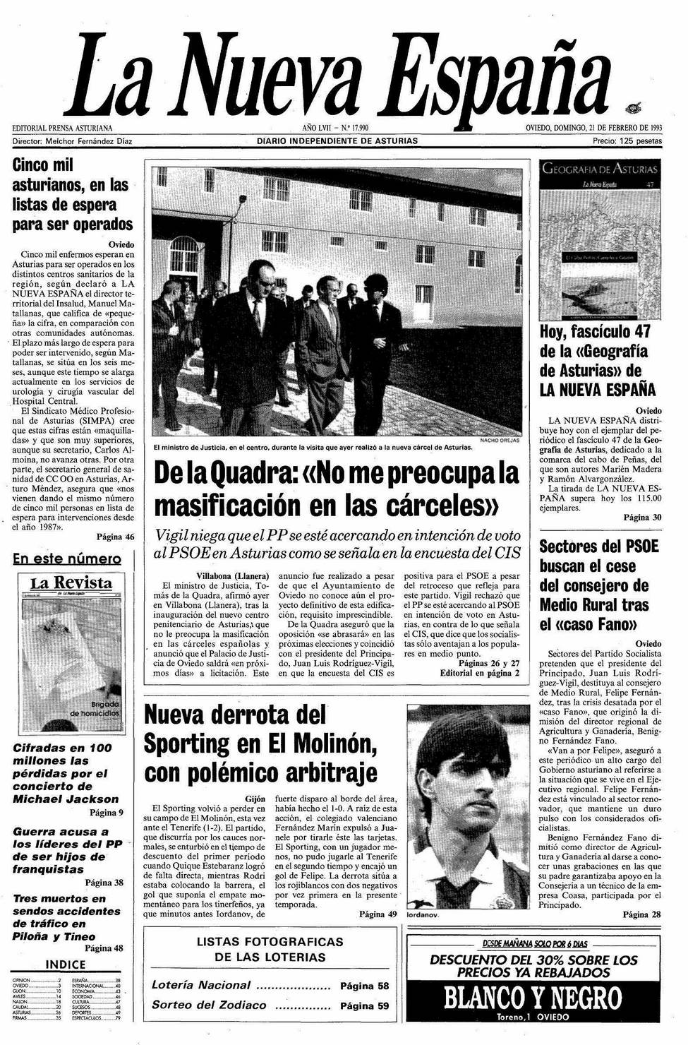Portada del Domingo, 21 de Febrero de 1993
