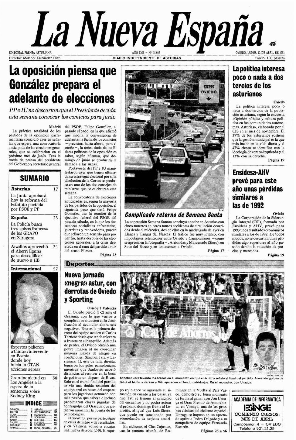 Portada del Lunes, 12 de Abril de 1993