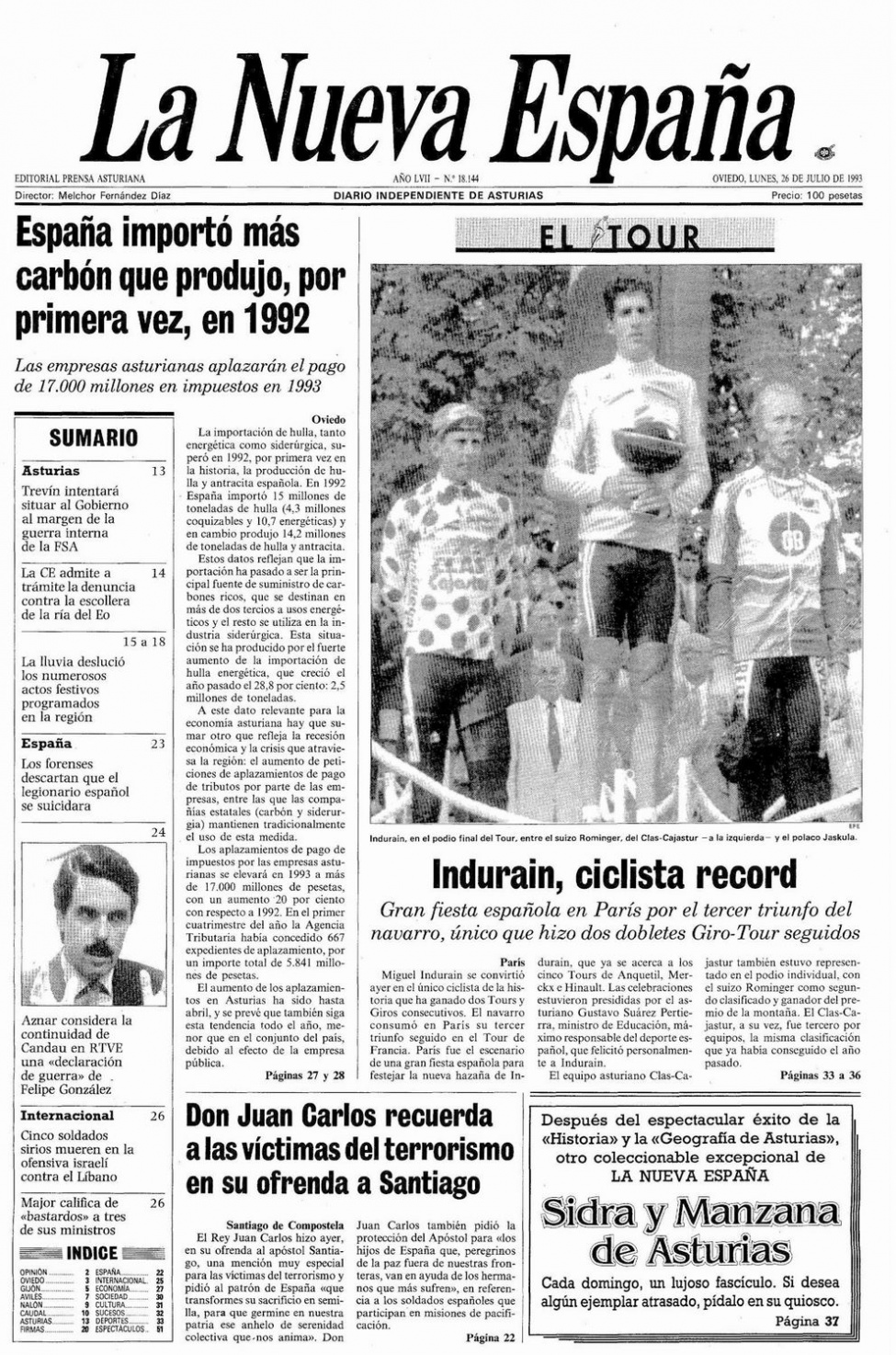 Portada del Lunes, 26 de Julio de 1993