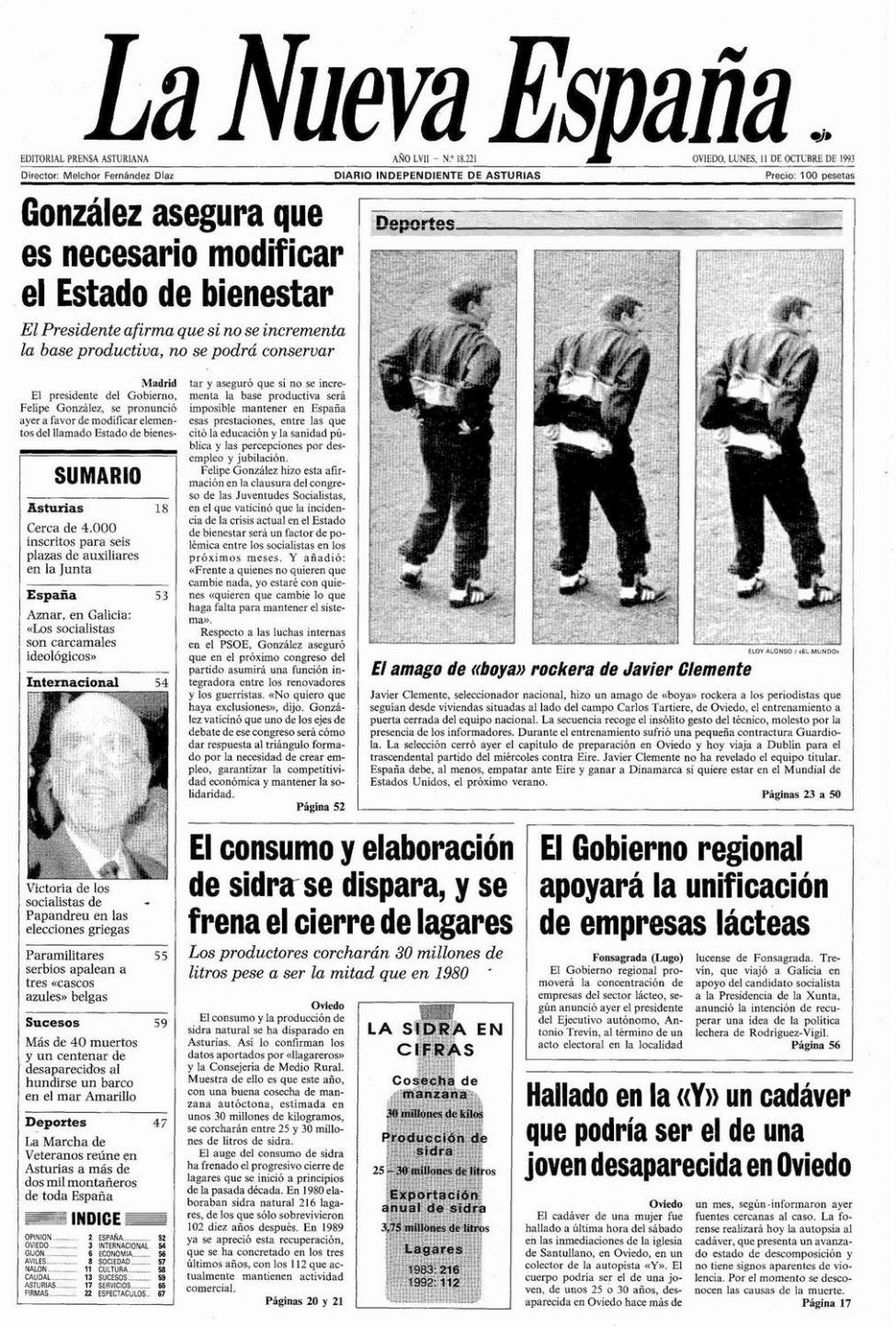 Portada del Lunes, 11 de Octubre de 1993