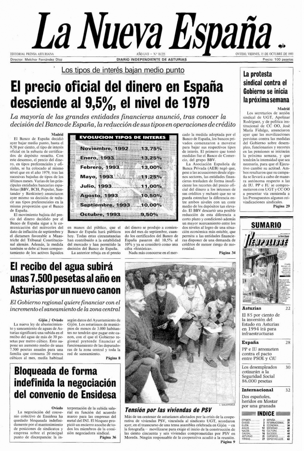 Portada del Viernes, 15 de Octubre de 1993 - Portadas de La Nueva España -  