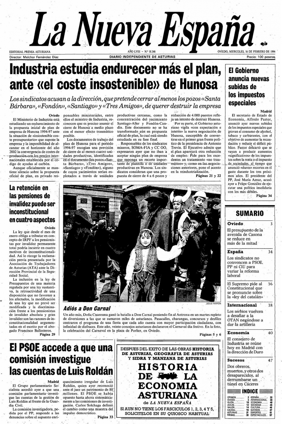 Portada del Miércoles, 16 de Febrero de 1994