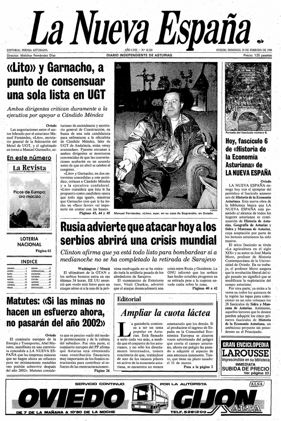 Portada del Domingo, 20 de Febrero de 1994