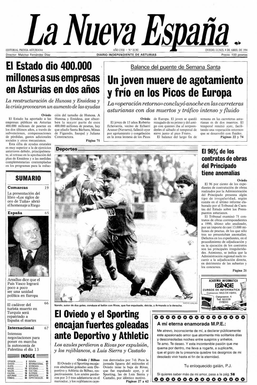 Portada del Lunes, 4 de Abril de 1994