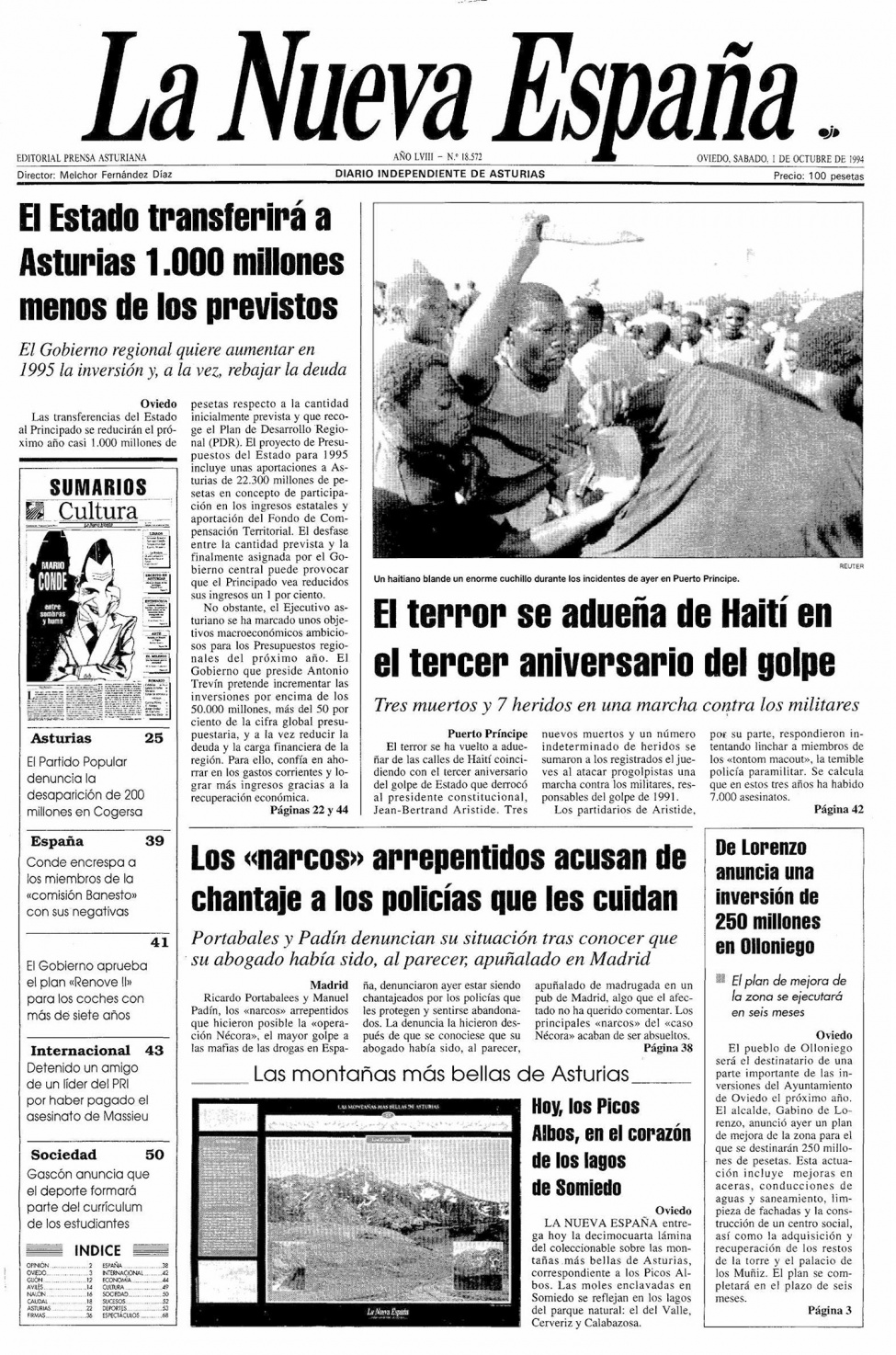 Portada del Sábado, 1 de Octubre de 1994