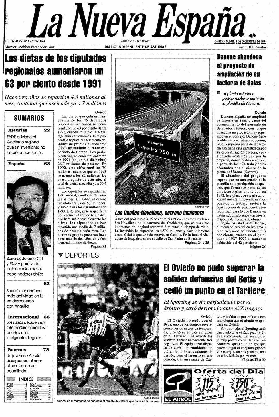 Portada del Lunes, 5 de Diciembre de 1994