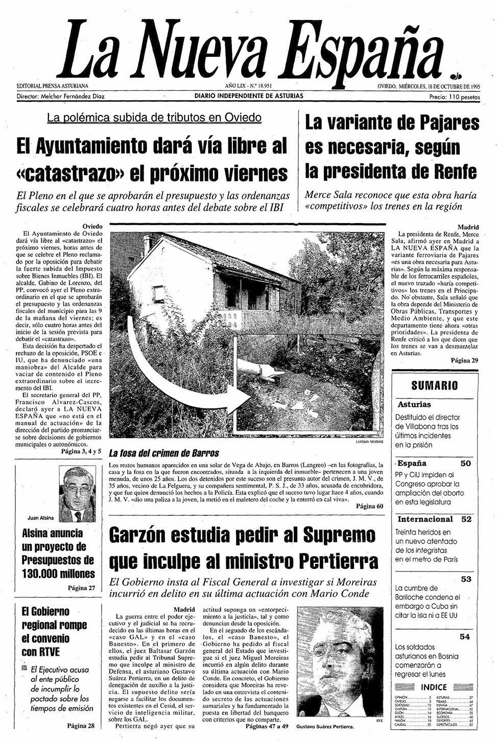 Portada del Miércoles, 18 de Octubre de 1995