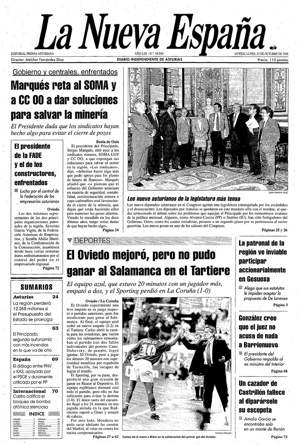 Portada del Lunes, 23 de Octubre de 1995