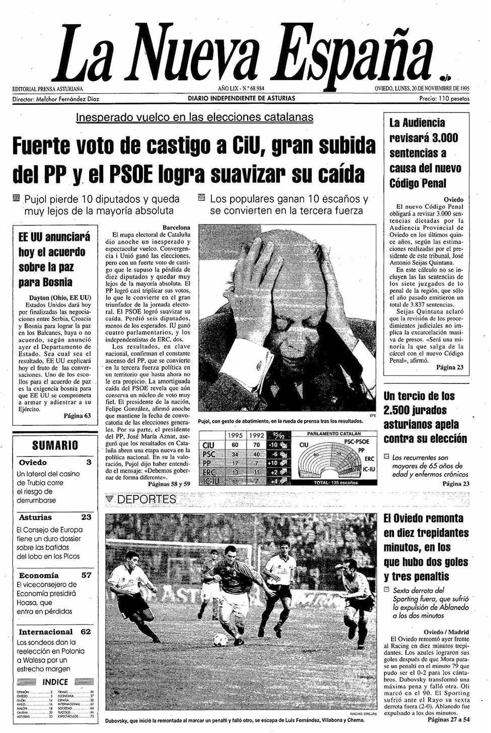 Portada del Lunes, 20 de Noviembre de 1995 - Portadas de La Nueva España -  