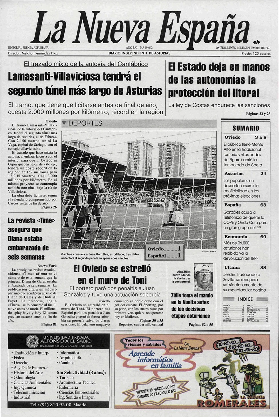 Portada del Lunes, 15 de Septiembre de 1997 - Portadas de La Nueva España -  