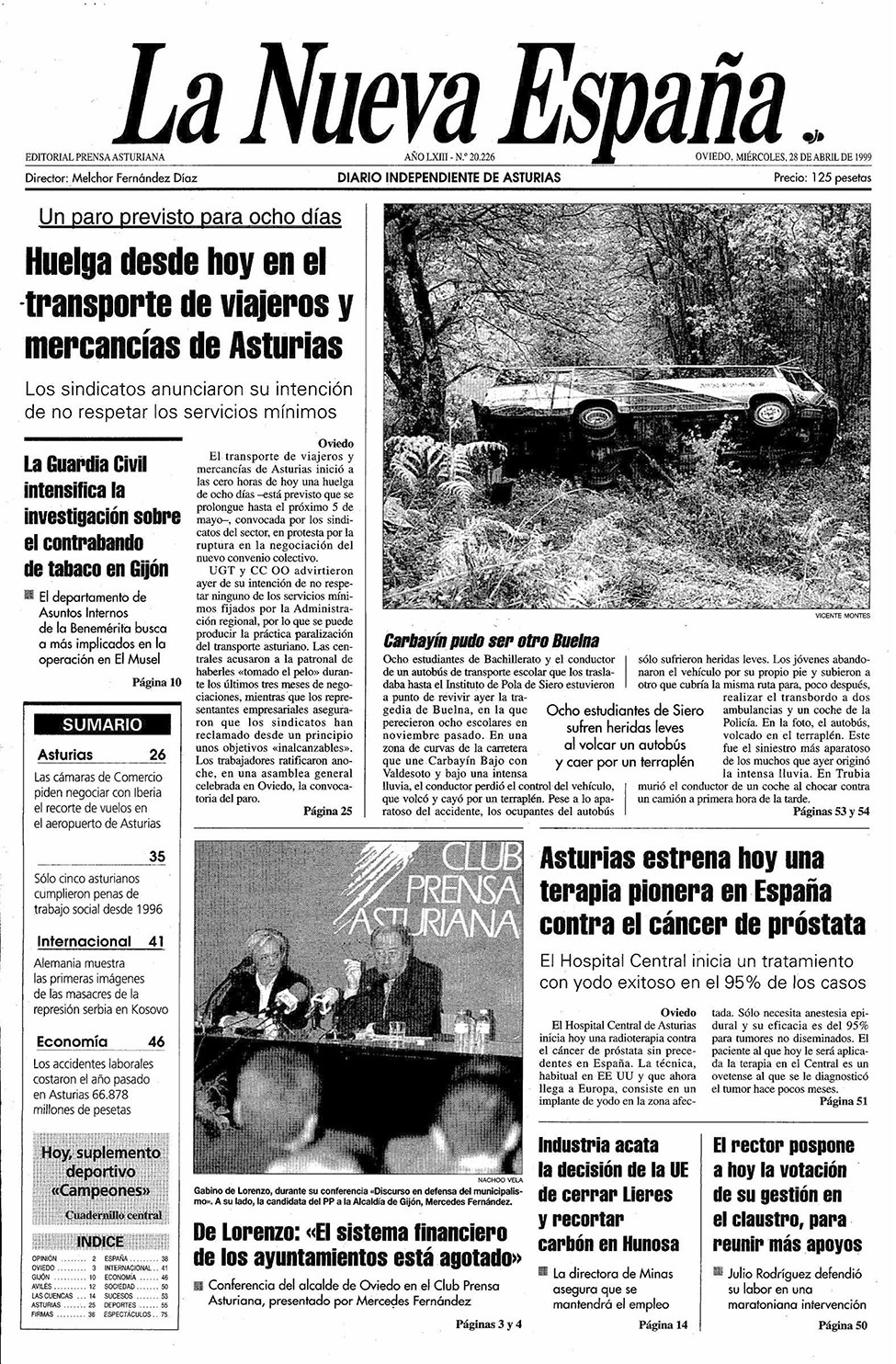 Portada del Miércoles, 28 de Abril de 1999